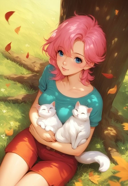 safe_pos, score_9, score_8_up, score_7_up, score_6_up, source_anime, claire farron_\(final fantasy\), pink hair, hugging cat , hug, 1girl, solo, loving, 1animal, dynamic angle, cute, kawaii, breasts, white cat, fluffy cat, retro style, sitting on grass, leaning on tree, Leaves, tree branches, grass, squirrels on the tree, wariza sitting, 