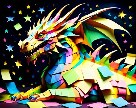 a massive colorful dragon with fine scales made out of Jed-StickyN, laying down on his side asleep, (eyes closed, head down, neck stretched out, head on front feet:1.3), dynamic angle, dark fantasy, intricate details, ultra wide shot, zoomed out, front view
<lora:StickyNotesStyle:1>,  <lora:add-detail-xl:0.7>,  <lora:sd_xl_dpo_lora_v1:1>, <lora:xl_more_art-full_v1:0.3>,  set against a  background of a starry sky,