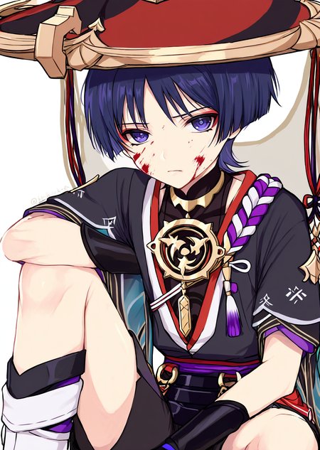 <lora:ShimizuAkina250126:1>,ShimizuAkina,1boy,male focus,scaramouche \(genshin impact\),solo,blood on face,hat,blood,jingasa,looking at viewer,sitting,kurokote,japanese clothes,japanese armor,kote,armor,purple eyes,short sleeves,shorts,white background,<lora:NOOB_vp1_detailer_by_volnovik_v1:1>,<lora:noobai_ep11_stabilizer_v0.138_fp16:1>,