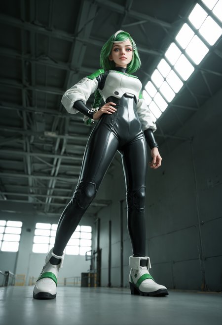 zPDXL2, (from below:0.8), (hand focus:0.9), depth of field, highly detailed,
medium shot, sber-chan, green hair, streaked hair, green eyes, single braid, white bow, long hair, (skin details:1.1),
looking at viewer, calm, standing legs apart, hand on own hip,
hairclip, (white plugsuit:1.1),
massive dark hangar housing a colossal robot, industrial and imposing, (dark theme:1.2), backlighting, metal catwalk \(walkway\),
<lora:add-detail-xl:1.5> <lora:Sber-chan:0.9>