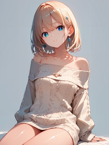 score_9, score_8_up, score_7_up,source_anime, high res image,masterpiece,best quality,(girl:1.0),cute face,clear skin,shiny hair,ultra detailed eyes,simple background,  <lora:off shoulder sweater_pony_V1.0:0.8>off-shoulder sweater,