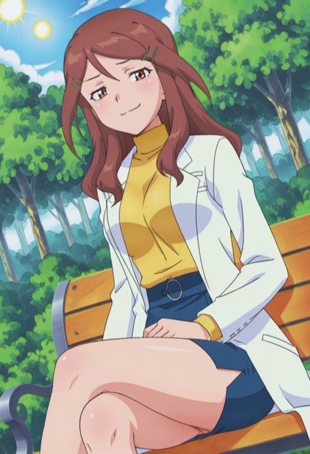 score_9, score_8, score_7, anime_screencap, anime_coloring, source_anime, high_res, rating_questionable, uncensored,
smug, sitting, crossed legs, outdoors, 1girl, bench, trees, sky, clouds, sun, looking at viewer, day, forest, cowboy shot, upper body focus, (Dutch angle:1.4)
PKMNAnnieProctor, 1girl, hairclip, hair ornament, brown hair, , long hair, brown eyes, labcoat, long sleeves, pencil skirt, turtleneck, blue skirt, yellow shirt, legs, thighs