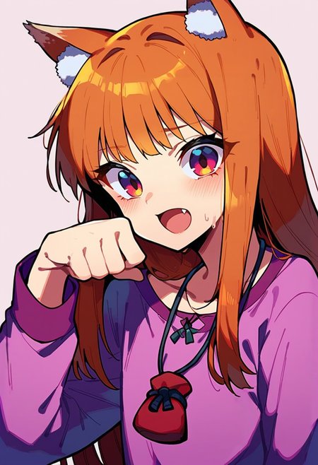 <lora:holo_spice_and_wolf:1> olohpnxl, holo, 1girl, wolf girl, solo, wolf ears, open mouth, paw pose, purple shirt, upper body, blush, long sleeves, fang, pouch, jewelry, looking at viewer, necklace score_9, score_8_up, score_7_up, score_6_up, score_5_up, score_4_up, source anime, BREAK,