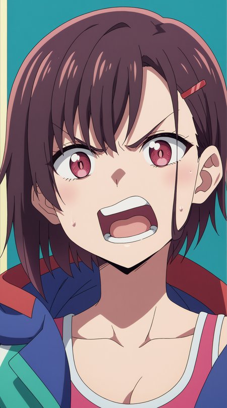 score_9, score_8_up, score_7_up,anime_source, source_anime, best background, detailed background, anime screencap  Shizuka Mikazuki, Main Outfit, solo, looking at viewer, open mouth, teeth, sweatdrop, v-shaped eyebrows, portrait, angry, close-up, hair behind ear  <lora:JN_Shizuka_Mikazuki_Pony:0.8>