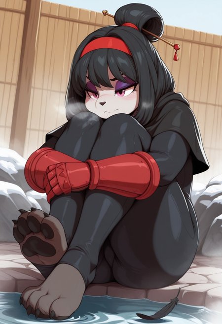 outdoors, undershirt, falling feathers, black bodysuit, hair stick, hugging own legs, , gauntlets,   eyeshadow,   red gloves, black capelet, red hairband, pink eyes, medium hair, black hair, 1girl, solo,
 dynamic angle, foreshortening, furry, furry female, anthro, paws, claws, pawpads, steam, smell, visible, breath, onsen, water, trinityfate62