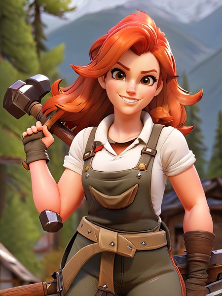 ForniteStyle, blacksmith girl holding a hammer, sexy, curvy, village,mountains and forest, red hair, big breasts, brown eyes, wavy hair, dry, overalls, very happy, blush, very seductive smile, 
<lora:ForniteStyleRunPod-000008:1>