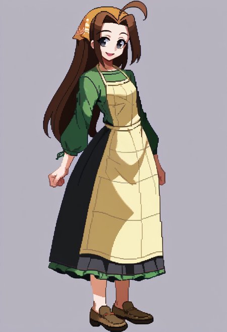score_9, score_8_up, score_7_up, source_anime, BREAK, solo, 1girl, smile, looking at viewer, <lora:Under-Night-In-Birth-Sprites-pdxl_Fp:1>, simple background, full body, standing,  <lora:Celia-pdxl_Fp:1>, celiahm, brown hair, grey eyes, ahoge, long hair, bandana, green shirt, apron, skirt,
