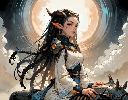 score_9, score_8_up, score_7_up, score_6_up, score_5_up, score_4_up,   female, cel-shading, backlit, delicate features, very long hair, (dreadlocks), riding a badonkadonk, medium breasts, horns, cyborg, pointy elf ears, multiple ear piercings, black background, techwear, large horns, dynamic pose, freckles, light blue outfit, blue glowing machine parts, hair oranments, smug, seductive smile, from behind, looking over shoulder, battle armour, chestplate, japanese dress