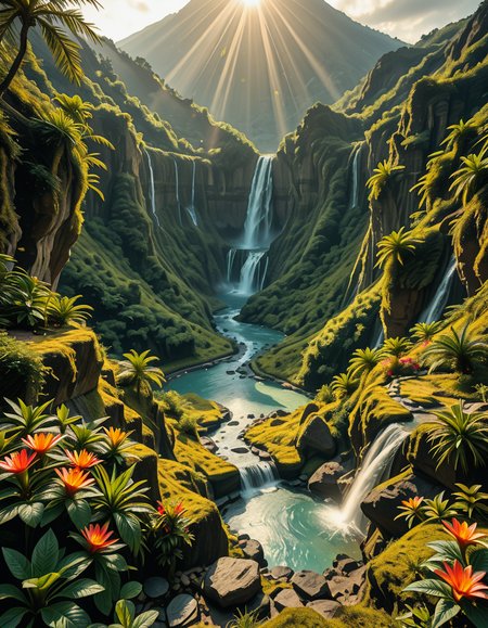 A breathtaking view of an ancient, dormant volcano now transformed into a lush, vibrant natural sanctuary. The crater is filled with dense tropical forests, colorful exotic flowers, cascading waterfalls, and mist swirling gently in the morning light. Vines and moss cover the dark volcanic rocks, and small streams wind down the slopes. while rays of sunlight pierce through the dense canopy, creating sparkling reflections on the water. The atmosphere feels peaceful, enchanted, and untouched by humans. The scene is depicted in an ultra-detailed, hyper-realistic style, with warm, soft lighting and rich, saturated colors that enhance the magical and serene mood of the landscape.
<lora:SDXLFaeTastic2400:0.4> <lora:extremely_detailed:0.4> extremely detailed,dormant v0lc4n0, <lora:dormant_v0lc4n0-i:1>, Masterpiece,best quality,hi res,8k,hi res,8k,award winning,(sharp focus, intricate, highly detailed),