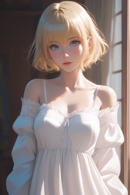 score_9, score_8_up, score_7_up, BREAK source_anime, <lora:Arte-PonyXL-lora-Faxtron:0.8> arte, blue eyes, blonde hair, short hair, medium breasts, long white dress, collarbone, long sleeves, bare shoulders,