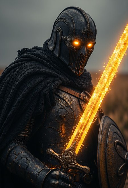 Closeup of an Action Scene shot of a dark-armored towering warforged hkstyle knight with Long billowing cape in the heat of an intense action-packed battle , (facing the viewer). cinematic movie-still-shot in 4k. The hkstyle knight's intricately designed, battle-worn helmet emits glowing amber eyes and reflects the glow of his weapon—an arcane sword. The blade crackles with golden energy, gathering at its tip, The energy radiates along the length of the blade, casting a glow that illuminates the knight’s helmet and armor, creating stark contrasts between light and deep shadows. In his other hand, the knight holds on his arm an impressive shield with strap, The shield is adorned with the iconic symbol of an elder god. The shield emanates a sense of awe as if imbued with divine magic adding to the overall awe of his presence. The glow from the sword throws the intricate details of the shield into sharp relief, casting long shadows that flicker across the Long Plains scenery battlefield amidst grasslands
aidmaHyperrealism