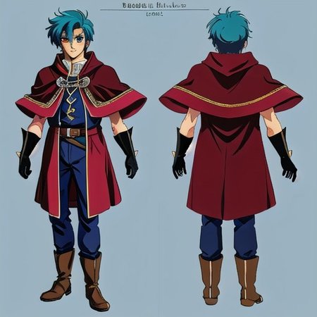 anime, 1man, man blue spike hair, short hair, red eyes, man mage, brown cloak, medieval fantasy, green boots, long gloves,   retro anime, retro style, 1980s \(style\), dungeons and dragon, dark fantasy, simples background, model sheet, character design, chara-sheet