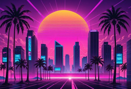 synthwave, neon lights, purple sky, pink horizon, palm trees, retro grid, glowing sun, 80s aesthetic, city skyline, vaporwave vibes
