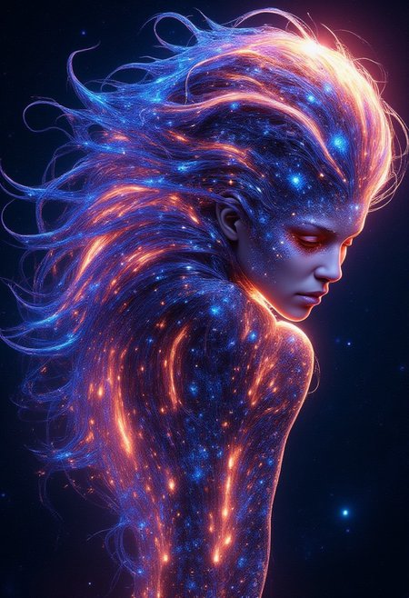 a close-up shot of an ethereal star woman with eyes body and face glowing like galaxies, surrounded by swirling, vibrant cosmic colors, vibrant star planet,  ultra-detailed and photorealistic rendering, soft ambient lighting, starry nebulae in the background, dynamic and radiant color gradients, glowing reflections, cinematic composition, surreal and otherworldly atmosphere, intricate facial features, flowing hair infused with cosmic energy, luminous and ethereal, celestial radiance, soft yet detailed textures, otherworldly beauty
looking up, fingers to cheeks,
