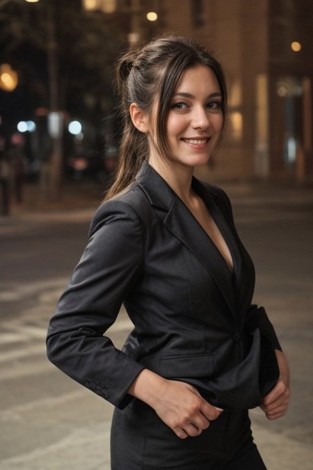 30yo American woman wearing bussiness suit holding a cigarrete
Dark black smooth long hair ponytail. smiling.
Looking at camera.
Dynamic varying pose.
Outside bussiness. Night time,  
Night time, dark.