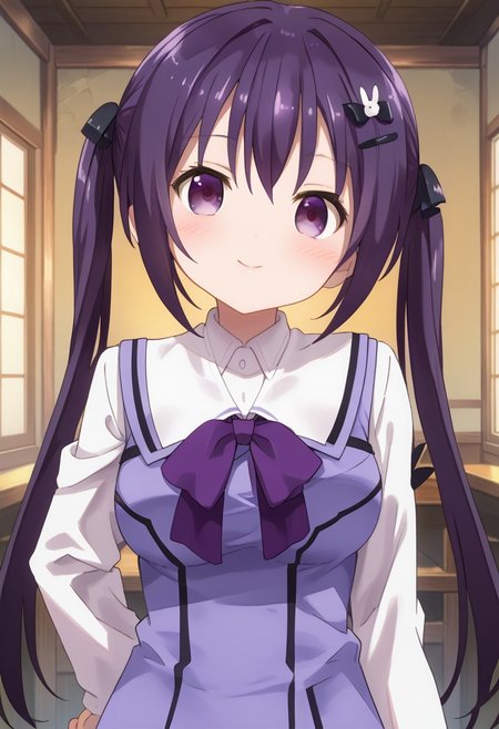 score_9, score_7_up,1girl, looking at viewer, blush, breasts,(purple hair, purple eyes, twintails, hair ornament, rabbit hair ornament, rabbit house, rabbit house uniform), looking at viewer, solo, highres, zPDXL3, detailed face, head tilt, tilted head, short, short girl, ((front view)), standing,happy
