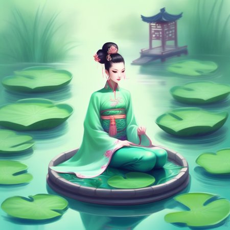 outdoors, lily pad, topknot, chinese clothes, pectorals, formal, liquid hair, shrine, mermaid