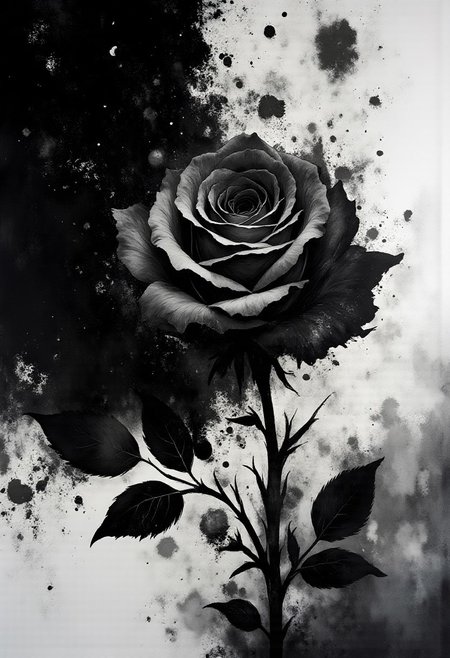 Masterpiece, best quality, still scene,The focus is on a abstract, modern style. burning black rose , black fire rose, minimal contrast, black and white ,