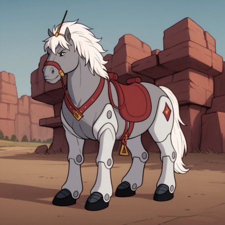 score_9, score_8_up, score_7_up, score_6_up, score_5_up, score_4_up, source_furry, thirty/thirtyBs, feral, male, horse, grey fur, white hair, robotic limbs, saddle, outside,