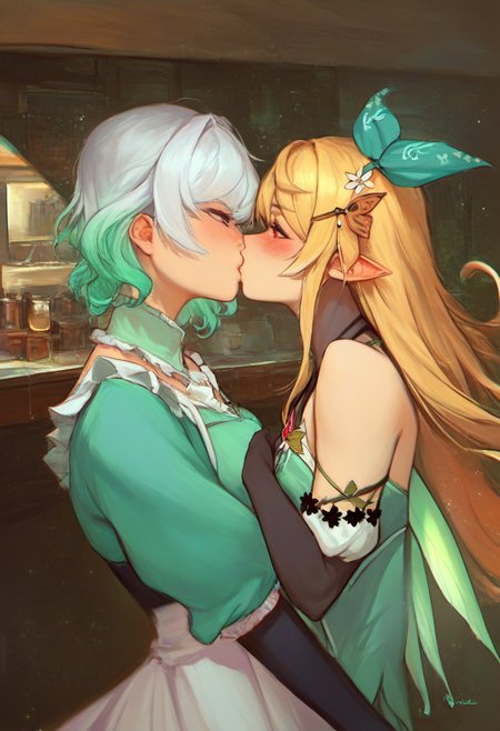 zPDXL, score_9, score_8_up, score_7_up, score_6_up, score_5_up, score_4_up, best quality, masterpiece, source_anime, indoors, standing, cowboy shot, 2girls, seductive smile, looking at another, kiss,  
BREAK <lora:char_mintfantome-v2-pony_1_res:1>, 1girl, mint fantome \\(frilly\\), maid, white hair, gradient hair, cafe, light particles, sleeves past fingers, clothes lift,
BREAK <lora:Pomu_Rainpuff_for_PonyXL:1>, 1girl, pomu rainpuff, blonde, black elbow gloves, looking at another, blush, halterneck, hair flower, fairy wings, butterfly hair ornament, hair behind ear