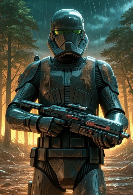 detailed background, cowboy shot, solo, 1boy, SithTrooper, dark black armor, dark black helmet, green visor, holding st-w48 blaster riffle in hands, Star Wars forest scenery, storm, at night, mud on armor, detailed scenery, masterpiece, best quality, very aesthetic, newest, masterpiece, best quality, amazing quality, very aesthetic, absurdres, newest,, high res, ultra detailed, best quality, best artwork, 4k, ultra quality, perfect face, absurdres,masterpiece,best quality,amazing