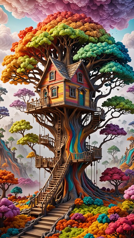 (3d Framed, landscape) treehouse, colorful volumetric mad-marbled-paper fog <lora:3D_Framed_Wall_Art_-_By_DICE:0.4>, Epic, (3D), UHD