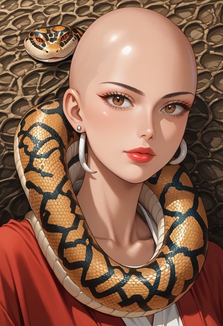 score_9,score_8_up,score_7_up,score_6_up,score_5_up,source_anime,1girl, female saitama, bald girl, brown eyes 19yo, lipstick , flirty, snake, snake on shoulders,