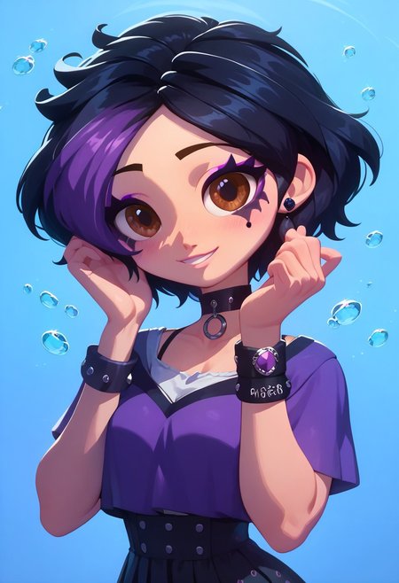 score_9, score_8_up, score_7_up, 1 girls, Kira, mangamaster artstyle , looking at viewer, detailed eyes, chocker, hot woman, petite body, brown eyes, two-tone purple and black hair,  bracelets, thin eyebrows, cute face makeup, cute pose,