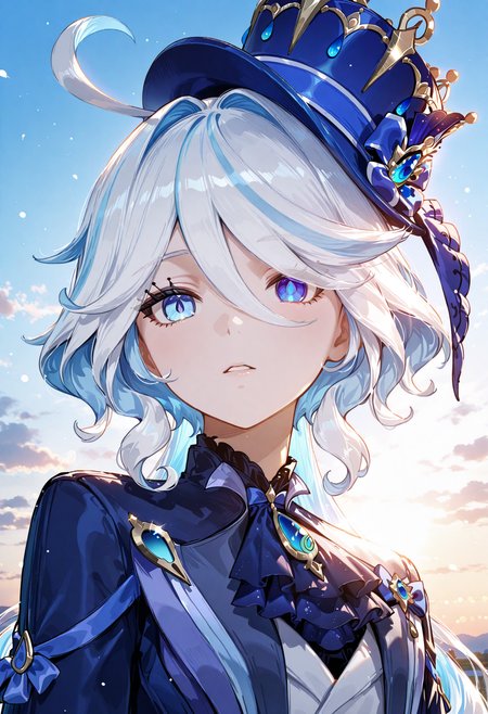 <lora:Furina_Illustrious:0.8>, <lora:SDXL_HandFineTuning_XL:0.4>, <lora:for_illust_spo_sdxl_10ep_4k-data_lora_webui:0.7>, <lora:for_illust_GBF_Illustrious:0.4>, <lora:for_illust_ponyv5_noobV065S_1_adamW-000013:0.2>, <lora:for_illust_748cmSDXL:0.3>, <lora:warm light style v2:0.4>, perfect quality, best quality, absolutely perfect quality, best quality, absolutely eye-catching, cinematic, (masterpiece), (ultra-detailed), Soft lighting, very aesthetic, illustration, perfect composition, ultra detailed face, detailed eyes, portrait, 1girl, Furina_(Genshin_Impact), furina, blue eyes, heterochromia, white hair, streaked hair, ahoge, drop-shaped pupils, flat chest, looking at viewer, outdoors, sky, blue headwear, blue ascot, blue bow, blue jacket, white shirt