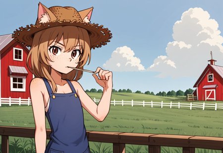 Aisaka_Taiga, 1girl, solo, flat chest, brown_eyes, catgirl, female, farm, field, farmer, wooden house, working, work clothes, freckles, straw in mouth, straw hat, cowboy