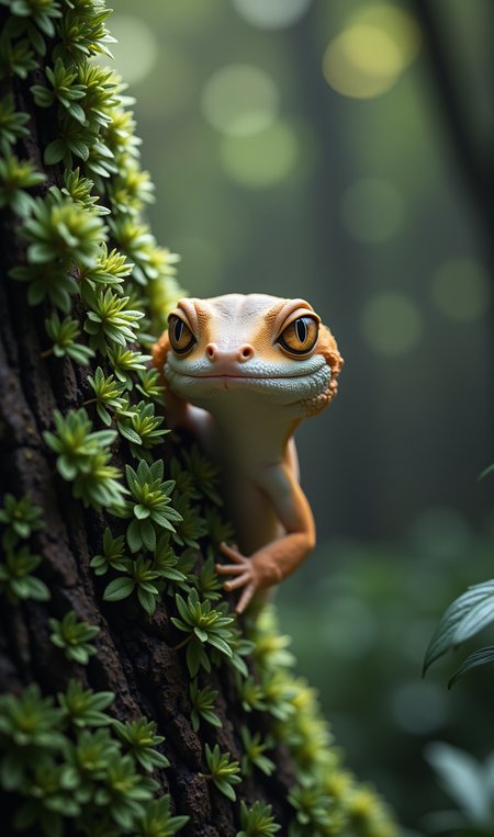 HEIC IMG 2312 RC3,
A gecko with stunning golden eyes peeks out from a moss-covered tree in a lush forest.This captivating image showcases a gecko, with its dazzling golden eyes, clinging to the side of a moss-laden tree. The delicate details of the geckoâs scales are highlighted against the soft, green backdrop of moss, creating a striking contrast. This scene beautifully captures the essence of the creature's natural habitat, where camouflage plays a critical role in its survival. The muted background with spots of light filtering through adds a magical touch to this mesmerizing moment in the wild. 
<lora:FLUX.1-Turbo-Alpha:1>,<lora:UltraRealPhoto:1>,amateurish photo,