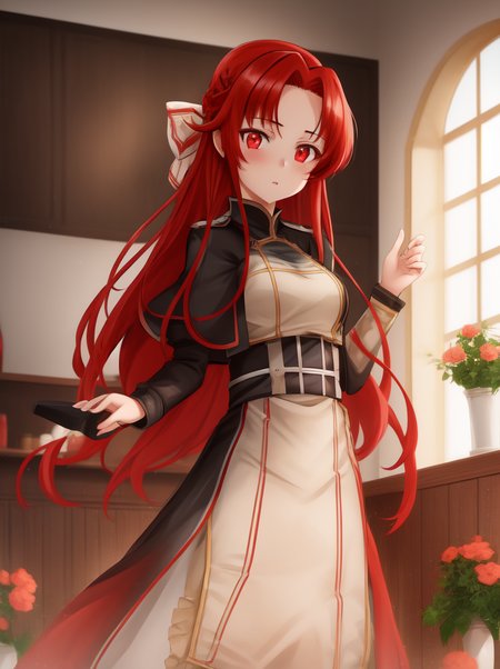 1girl, tiese, red eyes, red hair, solo, portrait, looking at viewer, best quality, high quality, highly detailed, highres, masterpiece, <lora:tiese:0.75>