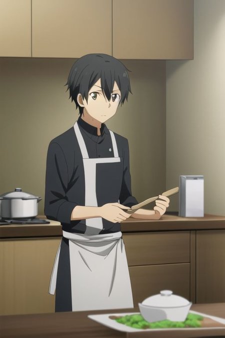 high resolution, professional photography, best quality, 1Boy, Kazuto Kirigaya, Black Hair, Black Eyes, cooking, kitchen,