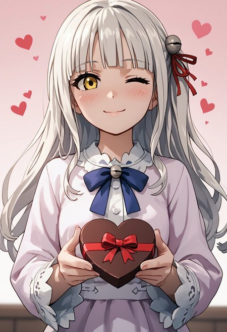 score_4,score_5,score_6,score_7_up,score_8_up,score_9 ((masterpiece,best quality,ultra detailed,highres,HD,4k:1.2)), 
1girl, solo,solo focus,girl focus,face focus,
Mytyl(V1),yellow eyes,long hair,white hair, blunt bangs, side locks,bell hair ornament, hair ribbon, red hair ribbon,
pov,from the front, front view, front angle, 
Happy Valentine's Day, Valentine's chocolate, holding wrapped chocolate, 
heart background, 
blush,((wink:1.1)), smile, happy, shy,closed mouth,