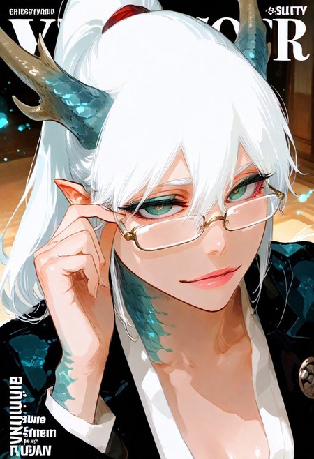 ambient occlusion, intricate background, low lighting, rim light, ethereal glow, ethereal particles, dappled light, (beautiful face), 
BREAK
masterpiece, highly detailed,1girl, beautiful eyes, big eyes, detailed eyes, detailed pupils, perfect body,
(sexy, slutty, hot)
BREAK
flirting:2.0,
ryu, pointy ears, teal scales, green eyes, light skin, eastern dragon horns, white hair, high ponytail, makeup, looking at viewer, sly expression, fake magazine cover, rectangular glasses, white office shirt, blazer jacket, looking over eyewear, close-up, adjusting eyewear, cinematic lighting, rembrandt lighting, dynamic angle, <lora:add-detail-xl:-2>