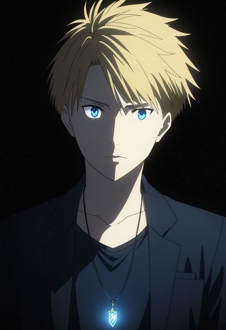 high resolution, professional photography, best quality, 1Boy, Yamato Ishida, blond hair, deep blue eyes, necklace, cool, Mysterious black background, Movie lighting, a sense of atmosphere, OverallDetail