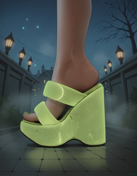 score_9, score_8_up, score_7_up, score_6_up, source_anime,
foot focus, (from above:0.9),
standing,
(glowing neon footwear:1.1),
1girl, 
ï»¿(ï»¿m3sh heels), (platform footwear:1.15),
halloween scene, fog, night,
green toenail polish,
embedding:zPDXLrl ,
embedding:zPDXL2 ,