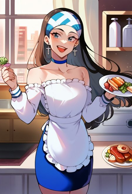 score_9, score_8_up, score_7_up, source_anime, <lora:add-detail-xl:1> perfect anatomy, 1girl, indoor, apartment, night sky, city lights dining room, cowboy shot, window, futuristic city on window, romantic atmosphere
BREAK<lora:zs_BethXL:1> bethsmtii, long hair, black hair, headband, cross symbol on headband, ((white kitchen apron)), white blouse: (casual blouse, bare shoulders, long sleeves, strapless blouse, bare collarbone, folded blouse neck), blue skirt, cross earrings, blue choker, food plate in hand, smile, looking at viewer, open mouth