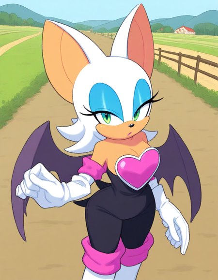 , <lora:rouge-the-bat-illustriousxl-lora-nochekaiser:1>, rouge, animal ears, bat ears, bat girl, bat tail, bat wings, eyeliner, furry, furry female, green eyes, makeup, tail, white hair, wings, eyeshadow,, bare shoulders, boots, elbow gloves, gloves, heart, knee boots, white footwear, white gloves,, bike ride, countryside, dirt road, trees, afternoon sun, peaceful, alone, , from above,, looking at viewer, solo,, dutch angle, cowboy shot
