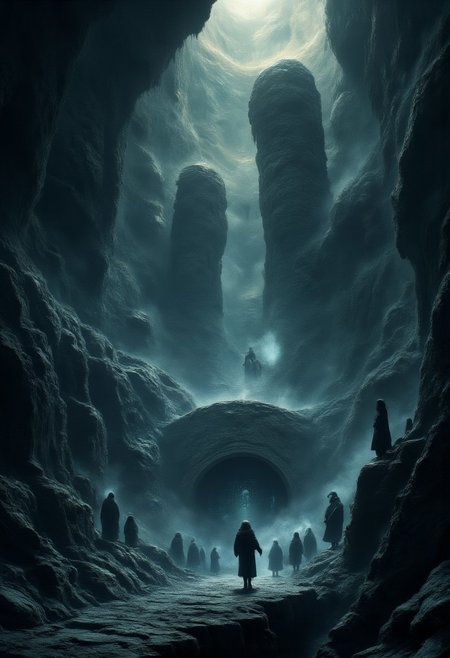 A vast and endless underworld, Sheol stretches beneath the earth like a forgotten chasm, its atmosphere thick with an eerie, otherworldly silence. The ground is cracked and lifeless, composed of blackened stone and ashen dust, while towering jagged pillars fade into an eternal twilight. The air is heavy with a ghostly mist, swirling around the countless shadowy figures, endless in number, stretching as far as the eye can see.
These spectral forms, their shapes flickering between solid and translucent, drift aimlessly in the gloom—faceless, hollow-eyed, their bodies blurred between existence and nothingness. Some stand motionless, frozen in time, while others shuffle forward in eternal silence, lost to the void. Their outlines waver, dissolving like smoke only to reform again, as if trapped in an endless loop of forgotten souls.
Dim, flickering lights, like dying embers, float aimlessly in the gloom, casting faint, shifting glows over the abyss. The walls of Sheol seem to stretch infinitely, carved with ancient, unreadable inscriptions, whispering the secrets of the dead. Deep within, shadowy doorways hint at even darker depths, places where the silence is broken only by the distant echoes of murmured laments.
A sense of vast isolation and eerie tranquility lingers, as if time itself has lost meaning. There is no fire, no torment—only the weight of eternal stillness, the mournful whispers of the countless souls that have long faded from the world above.
Ultra-detailed, cinematic lighting, dark fantasy, gothic realism, atmospheric and haunting, hyper-realistic textures, eerie and mystical composition. DarkAtmosCE style, aidmamj6.1