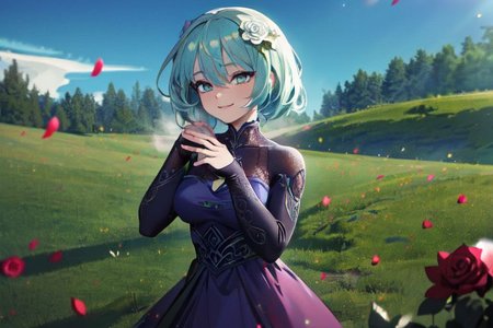 (masterpiece:1.4), 4K8K, (anime style), (high shutterspeed:1.4), (sharp edges), 
SyFyEye1, FanFo, 
1woman  hands togather,  leaning foward, face focus, smile, closed mouth, 
wearing Celtic style dress, (Detailed face, Detailed eyes, Detailed lips), (solo), 
any colored roses, Fantastic, grass firld,