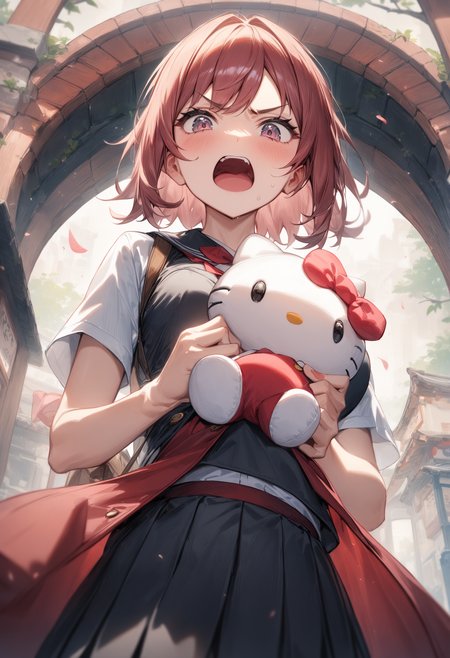 1girl, <lora:sdxl2-flat2-512b:-1>,medium breasts,school uniform,
hello kitty, stuffed toy, holding,holding stuffed toy,<lora:hellokitty_XL_v1:0.7>
from below, upper body, looking down, annoyed, japanese arch, open mouth,
masterpiece, best quality, very aesthetic, absurdres