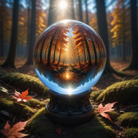 Crystal ball containing a forest ablaze with autumn colors, 
under a pristine blue sky, 
mysterious ambiance, 
capturing the essence of fall, 
sharp reflections, 
perfect clarity, 
dramatic lighting, 
ultra clear., 
Mysterious