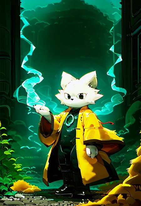 zuppu11, full body, solo, furry, score_9, score_8_up, look at viewer, male focus, no humans, furry male, flux-style, detailed eyes, yi, yellow coat, coat long sleeves, wide sleeves, robe, haori, body suit, white fur, green ring on chest, animal ears, furry, furry male, black eyes, body fur, no mouths, fangs, flux-scenery