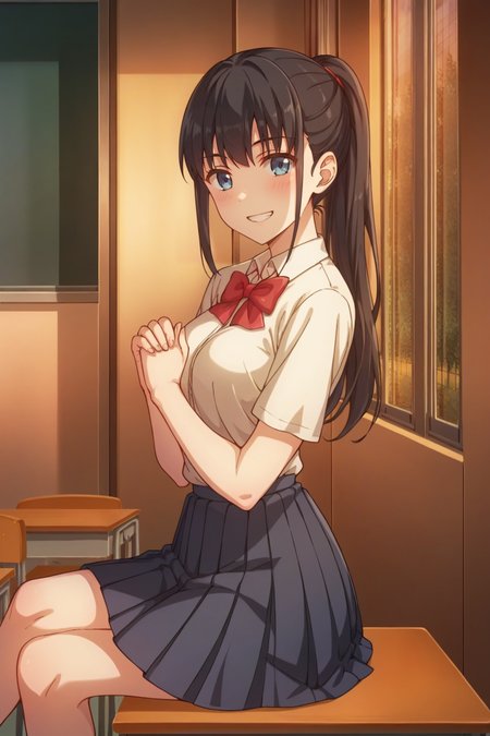 score_9, score_8_up, score_7_up, source_anime, prefect lighting, very aesthetic, intricate details, highly detailed background, masterpiece, high quality, prefect hands, best quality, solo, 1girl,
<lora:Airi_Sega_Iya_na_Kao_sare_nagara_Opantsu_Misete_Moraitai_V1-000009:.85>, blue eyes, black hair, ponytail, bangs sidelocks, 
white school uniform, red bow, navy pleated skirt, 
from side, sitting, sitting on desk, crossed legs, smile, blush, teeth,  own hands together, looking at viewer, 
classroom, window, dusk, sunset, 
(Beautiful, medium Breasts:1.2), natural breasts,