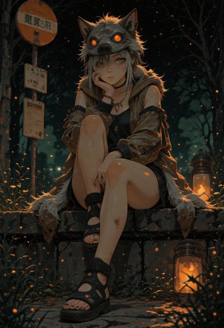 ukiyo-e, ligne_claire, (phantom_ix_row, ireading, akizero1510, alchemaniac:0.4),
1 girl, green eyes, two-tone hair, blonde hair, (white hair: 1.3), two ponytails, hair on one eye, bangs, long loose half-open hoodie, very short skirt,
sitting, close-up,
bus stop, grocery package, city
BREAK
<lora:NOOB_vp1_detailer_by_volnovik_v1:0.5> <lora:noobai_ep11_stabilizer_v0.114_fp16:0.5> <lora:ponyv6_noobV1_2_adamW:0.3>
scenery, (blurry background:1.1), (blurry foreground:1.2), (depth of field:1.1), dark, night, (dappled moonlight:1.1), (sidelighting:1.1), (black sky:1.1), horizon, (vanishing point:1.1), green clouds, green smoke, green fog,
from below, perspective, looking down, looking at viewer, staring, sitting, hand on own knee, knee up, feet on stone, head rest, hand on own chin, thinking, 
1girl, solo, blonde hair, black hair, medium hair, wolf cut, multicolored hair, gradient hair, (wolf pelt helmet:1.1),  detached sleeves, fur-trimmed sleeves,  red eyes, thick eyelashes, long eyelashes, slit pupils, glowing eyes,  tribal theme, tribal amulet, tooth necklace, sandals, pale skin, black nails, sharp fingernails,
masterpiece, best quality, amazing quality,
(sketch:1.1), (realistic:0.75),  (shiny skin:1.1),
(mzet:1.1), (m omoo:1.1),  (solipsist:0.9), (mogutofuoes, shiren \(ourboy83\):1.1),