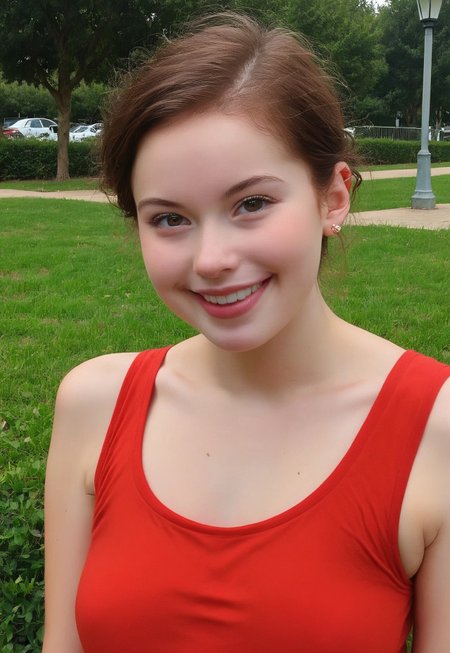 score_9, score_8_up, score_7_up, wide shot, high quality, best quality, photorealistic, park, outdoors, sunny, gorgeous shot BREAK 18 year old, brunette, cute, big eyes, soft jaw, cute smile, small mouth, plump lips, very plump lips, very small mouth,small nose, neoteny, amused, smiling, european,th1ntt0png, red tank top2.1, 

fresh skin, goosebump skin, pale skin,7-cgifaces, skinny,petite, detailed eyes, skinny,very widset eyes,very small mouth,very plump lips,cut smile