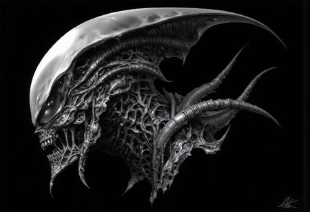 The image features an abstract representation of a skull intertwined with mechanical elements, showcasing a fusion of organic and mechanical forms. The skull has a ghostly, x-ray-like appearance, encased in a transparent, bubble-like structure that emphasizes its intricate details. The contrast between darker and lighter areas creates depth and movement, evoking themes of technology and humanity. The piece, signed “Clear Note” in a subtle script at the bottom right, seamlessly blends anatomical and industrial designs.
To incorporate a Xenomorph element into the image, consider adding elongated, biomechanical features characteristic of the creature, such as:
1. **Head Shape**: Alter the skull to feature a more elongated, sleek profile resembling the Xenomorph's distinct head shape.
2. **Texture**: Introduce a glossy, chitinous texture reminiscent of the Xenomorph's exoskeleton on parts of the skull and spine.
3. **Tail**: Add a segmented tail extending from the base of the skull, curling around the mechanical components.
4. **Eyes**: Replace traditional eye sockets with smooth, reflective surfaces to mimic the alien's dark gaze.
5. **Biomechanical Integration**: Blend alien-like limbs or appendages that appear to merge with the existing skeletal and mechanical structures.
This composition would maintain the abstract style while enhancing the eerie, alien atmosphere central to the Xenomorph design.
