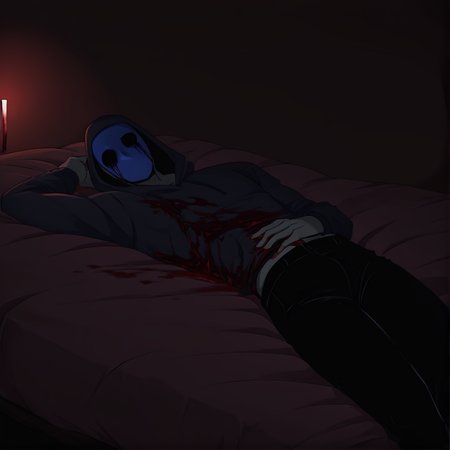 <lora:Eyeless_Jack:1> jack, hood, solo, blue mask, 1boy, male focus, grey skin, slim, blood, blood on clothes, black pants, bed, laying, masterpiece, high quality, dark bedroom background, <lora:DarkerThanBlackIllustrious:1> masterpiece \(quality\), dark, dim lighting