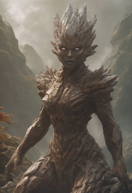 a stormy scene with lightning in the background, in the center of the image is a large rock sculpture of a woman carved on a mountain, the sculpture is glistening in the sunlight against the storm, inside the sculpture is an air elemental, the eyes of the sculpture glisten with a red fiery light, stormy sky with lightning in the background, looking up at the stone sculpture with the ground far below